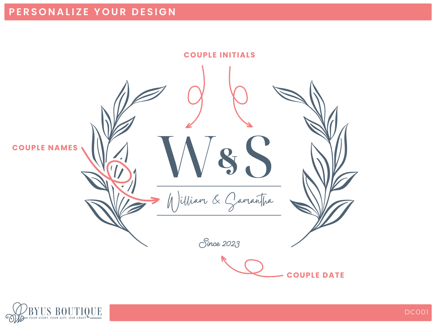 Custom Initials Engraved Wine Glass Set – Elegant Laurel Wreath Design (DC001)