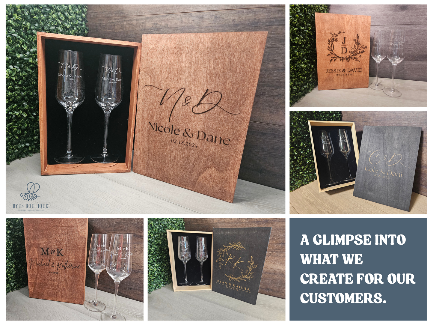 Personalized Champagne Flute Set with Engraved Wooden Box – Custom Wedding, Anniversary or Birthday Gift Keepsake for Couples (DC019)