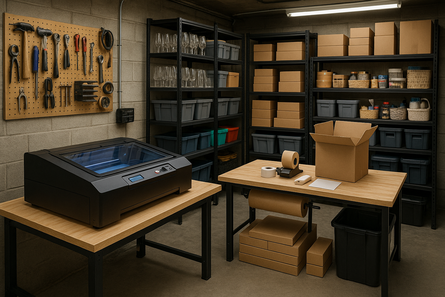 a Workshop of garage with Laser Engraver a packing station and in the back a stand full of raw materials for my products like glasses wooden boxes
