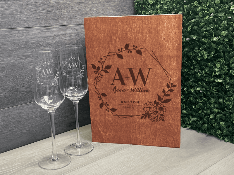 Custom Champagne Flute Set with Wooden Box – Custom Gift for anniversary, wedding or Birthday Keepsake (DC034)