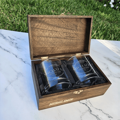Personalized Whiskey Glasses Gift Set - Engraved for Dad in Elegant Wooden Box -DM063
