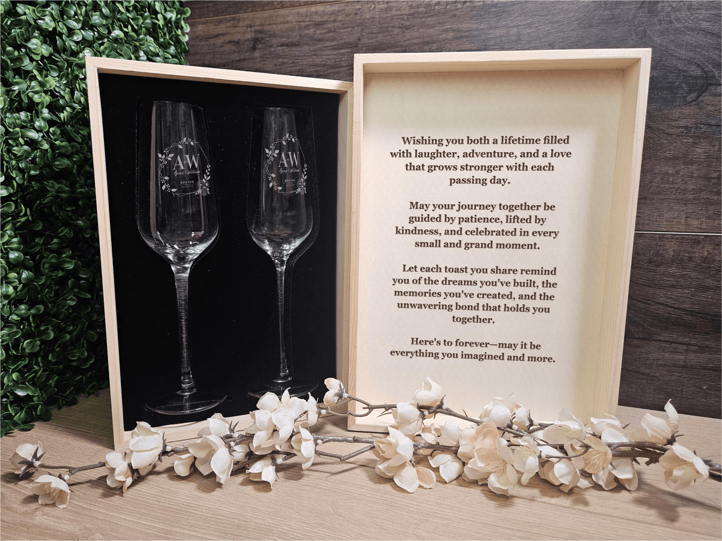 Custom Champagne Flute Set with Wooden Box – Custom Gift for anniversary, wedding or Birthday Keepsake (DC034)