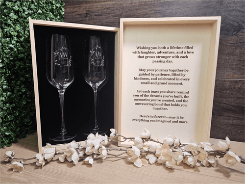 Custom Champagne Flute Set with Wooden Box – Custom Gift for anniversary, wedding or Birthday Keepsake (DC034)