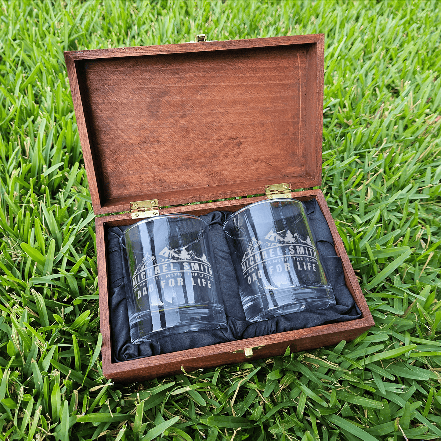Personalized Whiskey Glasses Set with Wooden Box - Perfect Gift for the Outdoor Dad -DM065