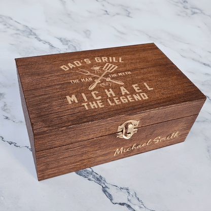 Engraved Whiskey Glasses Set in Wooden Box with Dad's Grill Monogram - Surprise Dad with a Unique Personalized Gift -DM066