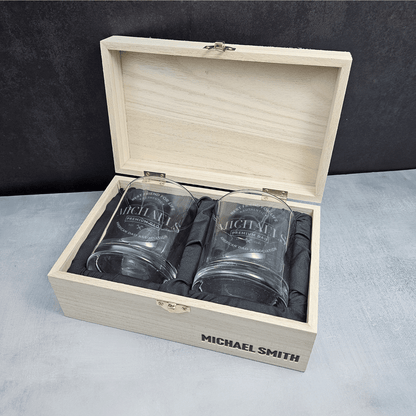 Personalized Whiskey Glasses Gift Set - Engraved for Dad in Elegant Wooden Box -DM063