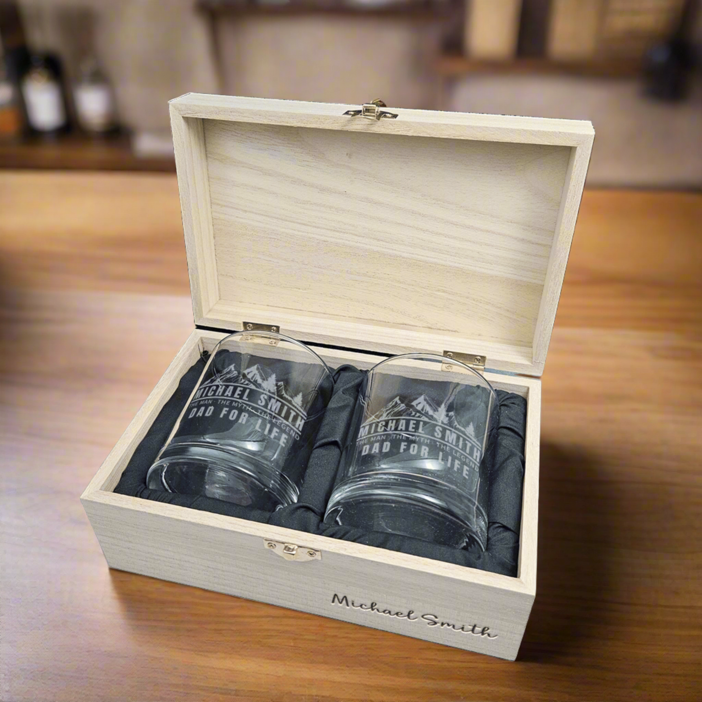 Personalized Whiskey Glasses Set with Wooden Box - Perfect Gift for the Outdoor Dad -DM065