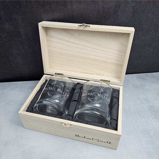 Engraved Whiskey Glasses Set - Perfect Gift for Dad with Personalized Wooden Box -DM073