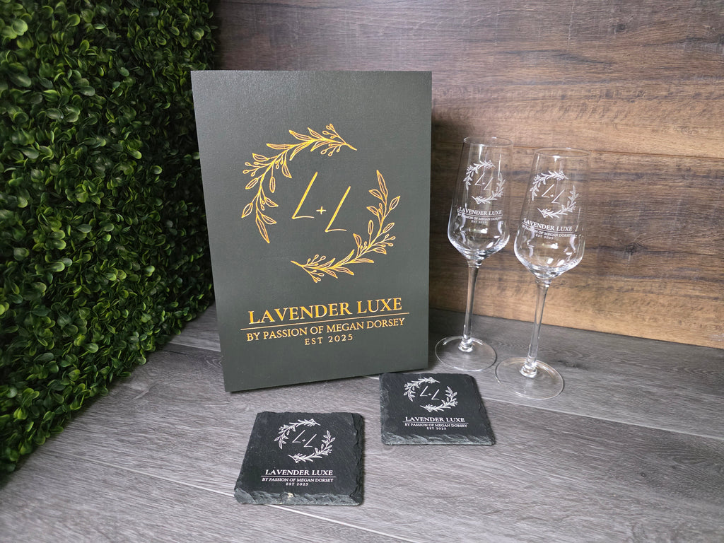 Personalized Champagne Flute Signature Set with Wood Box – Engraved Wedding Gift