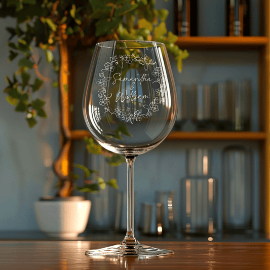 Custom Wine Glasses for Couples - Engraving with Couple's Name and Floral Wreath, Engraved with Love, Unique Gift to Celebrate Special Moments - DM011