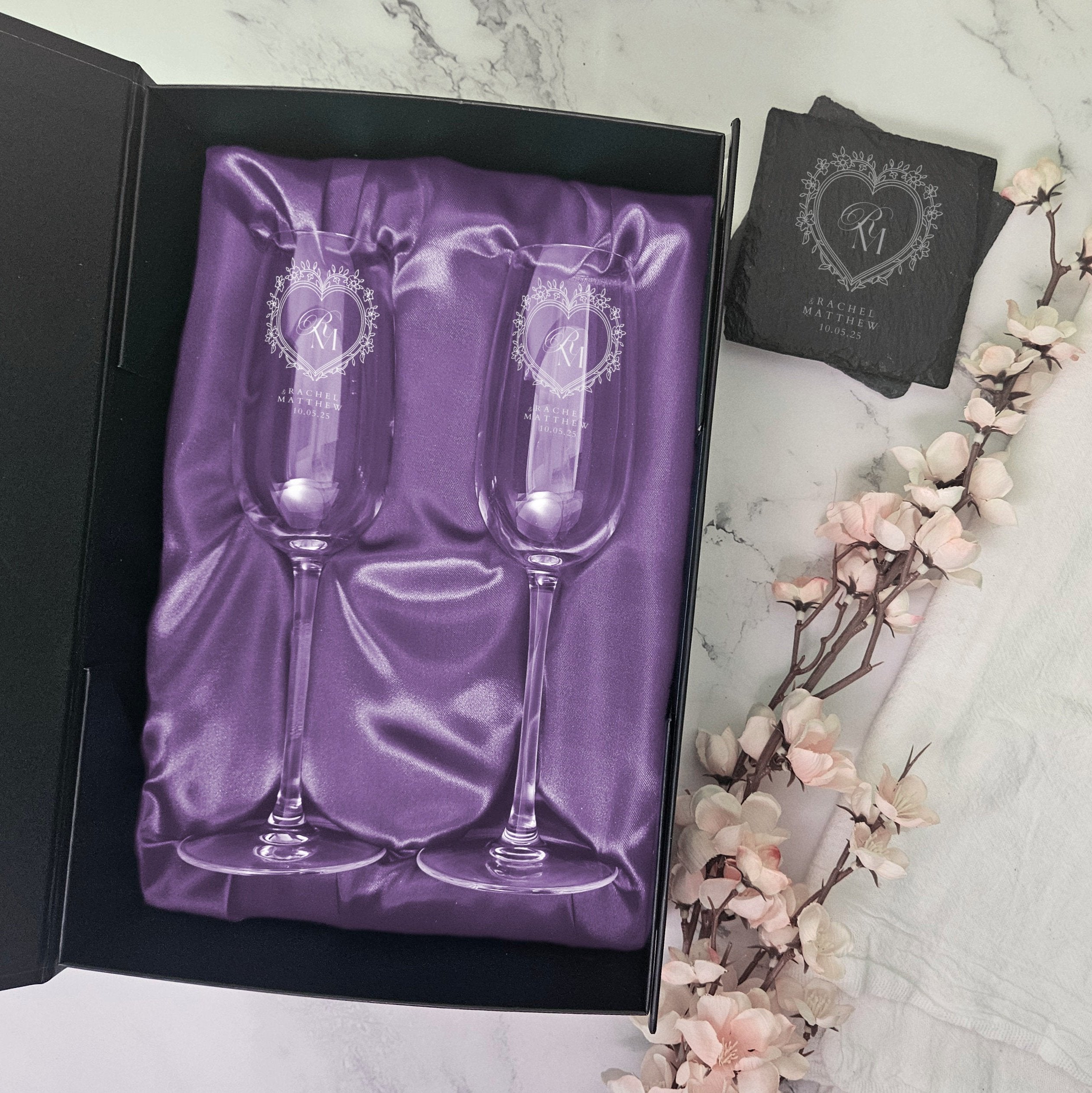 Personalized Engraved Champagne Flutes Set with Custom Magnetic Gift Box