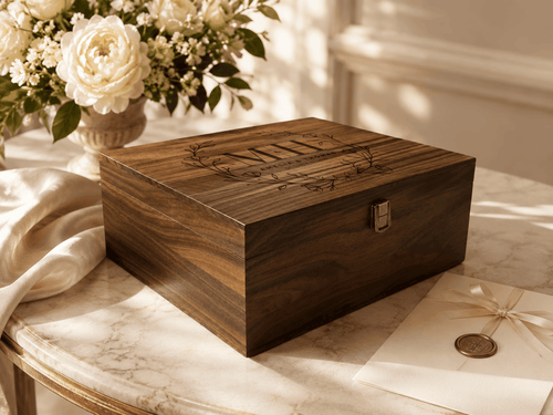 Wooden box with floral arrangement and envelope on a marble surface