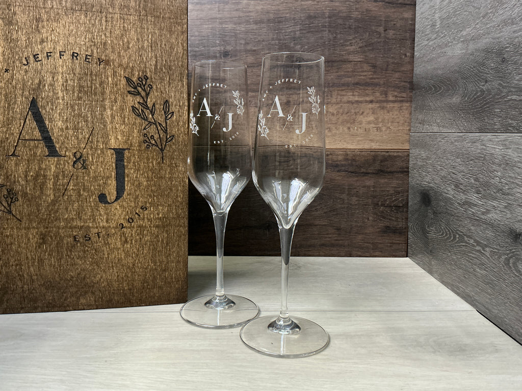 2 Engraved Champagne Flute Glasses 