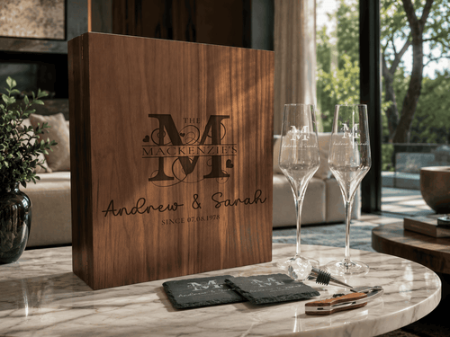 Wooden box with engraved initials and names on a table with glasses and coasters.
