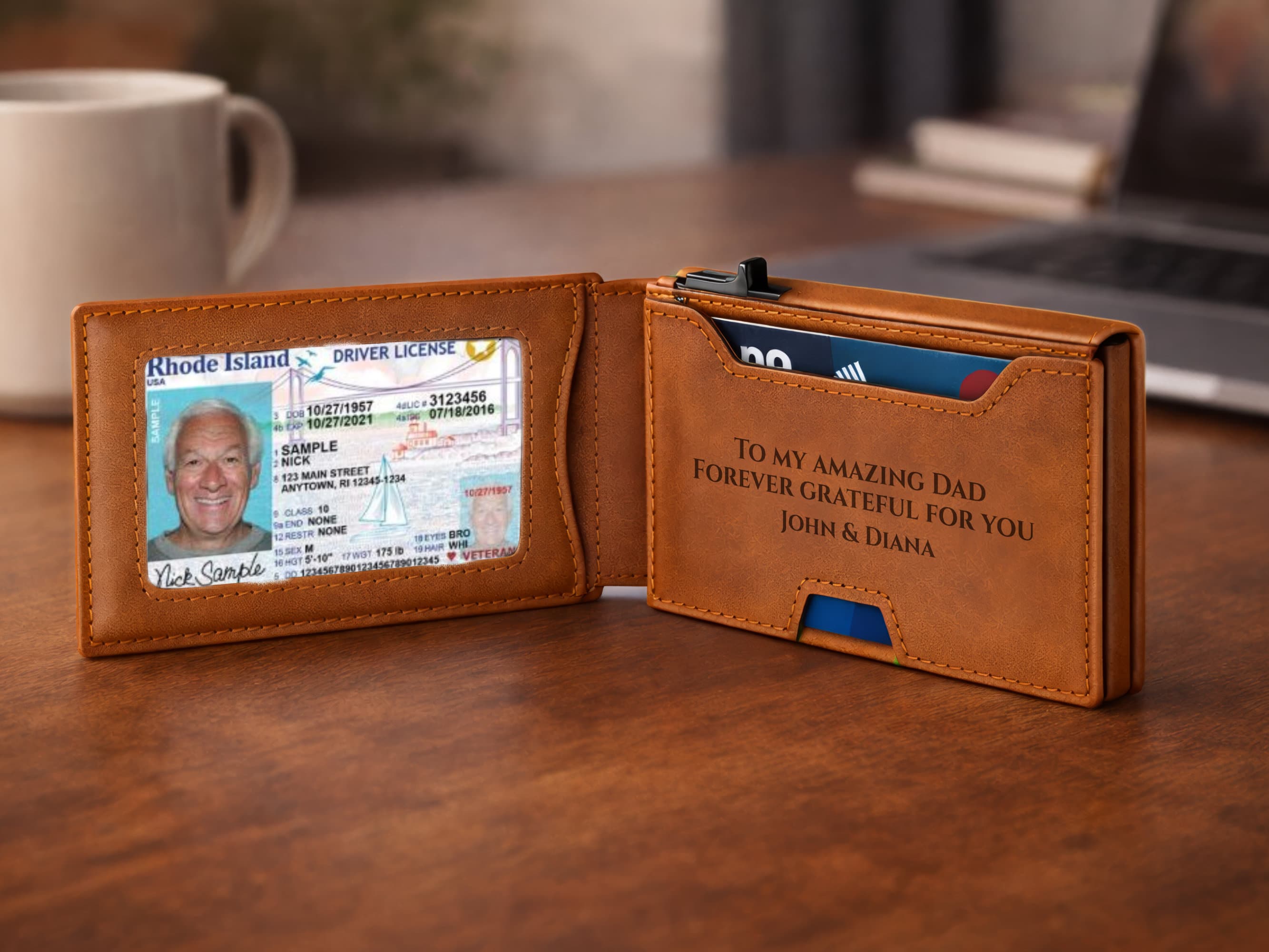 Brown leather wallet with driver license and card slots, placed on a wooden surface with a blurred background.