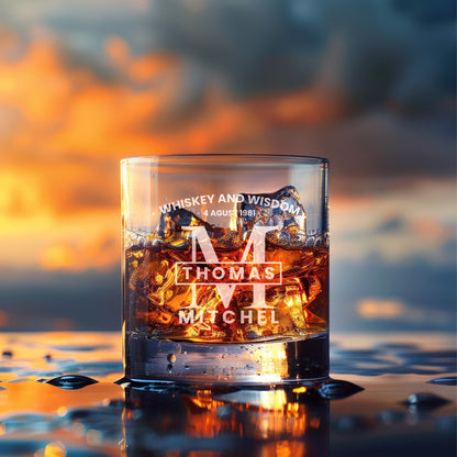 Personalized Whiskey Glass with this elegant Monogram Whiskey and Wisdom - DM042