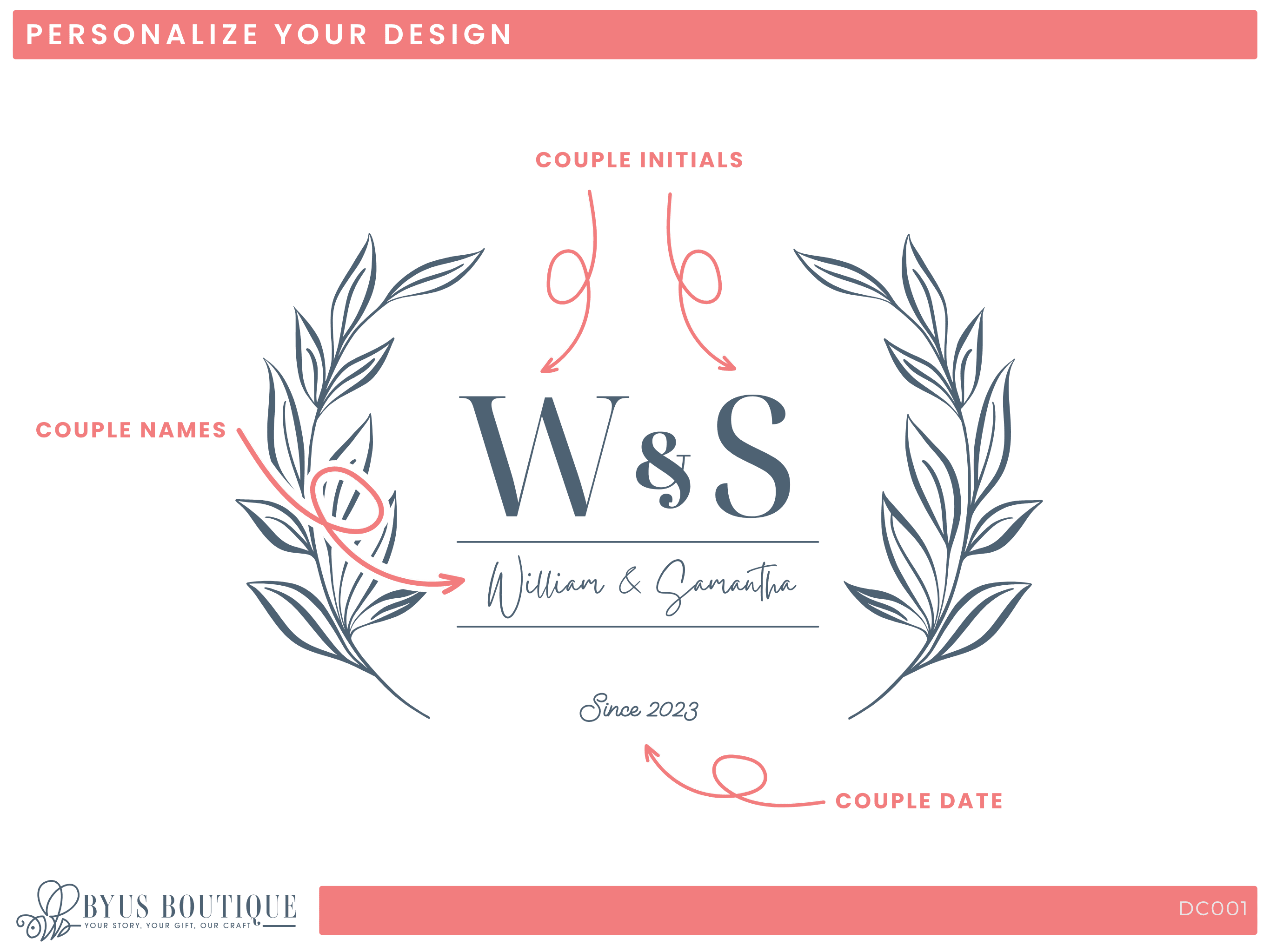 Custom Initials Engraved Wine Glass Set – Elegant Laurel Wreath Design (DC001)