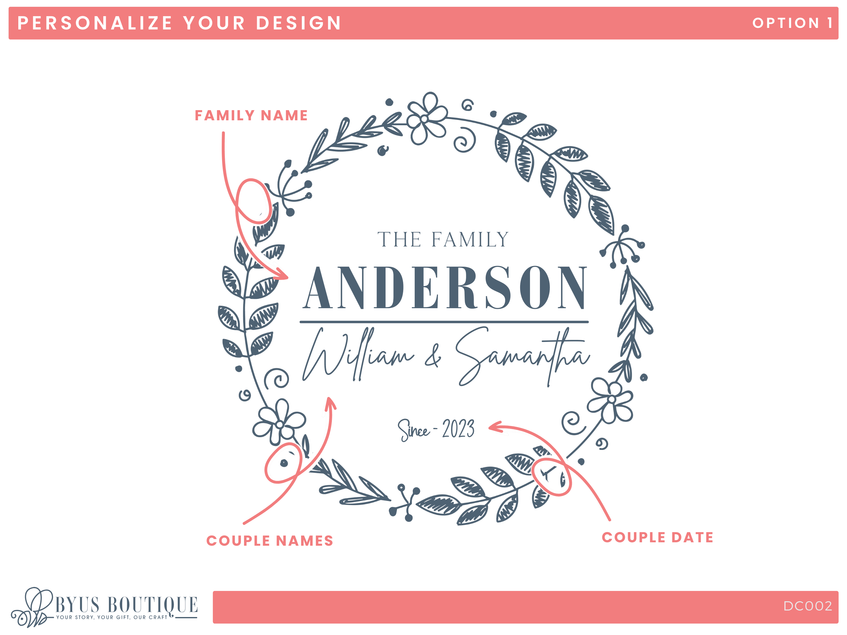 Custom Engraved Wine Glasses – Personalized Floral Wreath Design (DC002)
