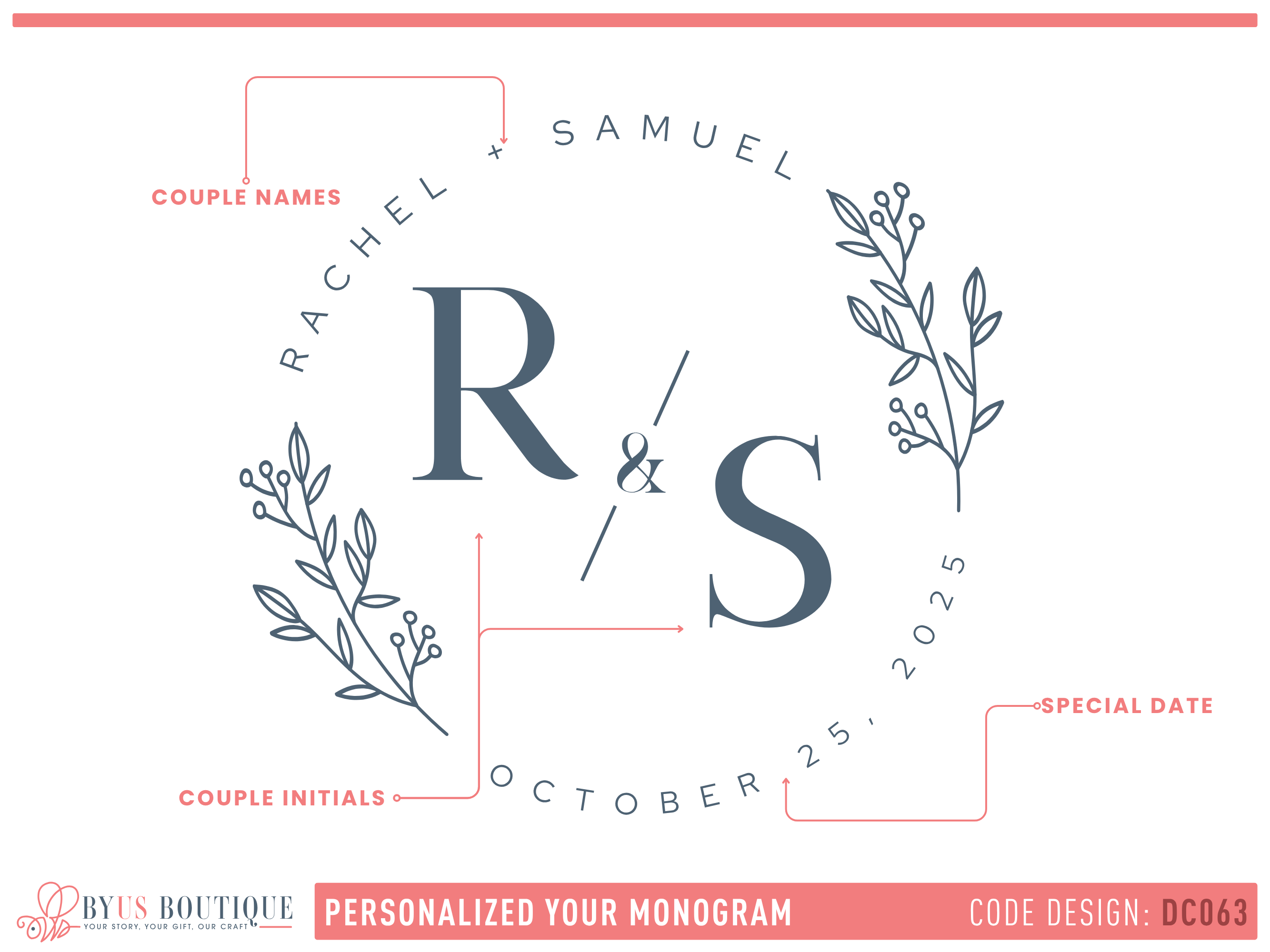 Personalized monogram design with couple's names, initials, and date on a white background.