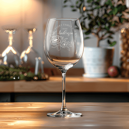 Etched Wine Glasses for Couples - Family Floral Monogram design, Perfect for Wedding and anniversary Gifts - DM005