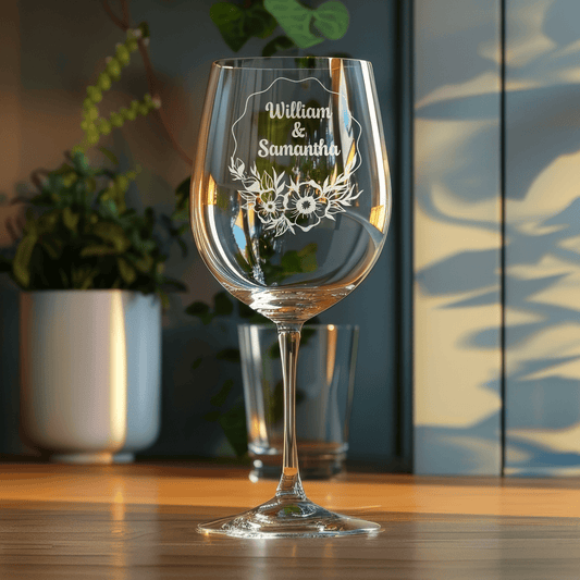 Personalized Wine Glasses for Couples - Etched with Custom Names and Floral Wreath Monogram, Perfect for Dating Anniversary Gifts - DM006