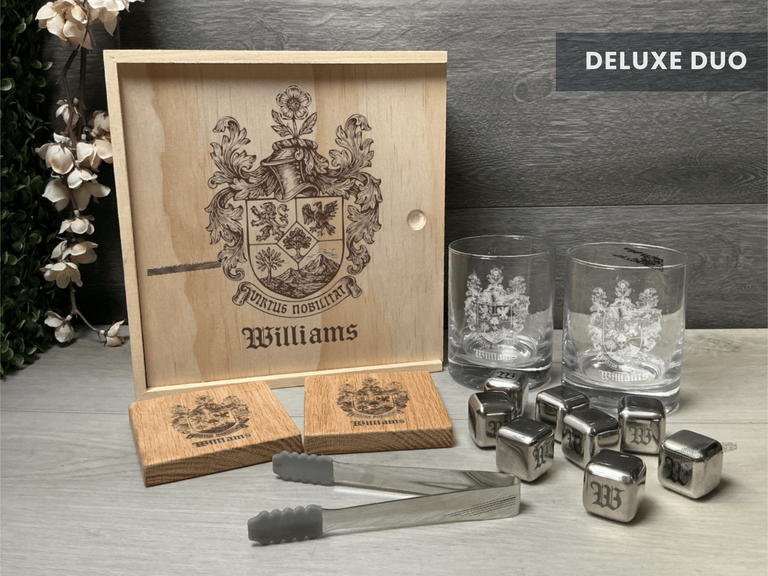 Create Your Own Custom Coat of Arms Whiskey Set – Design Your Own Heritage Crest Engraved Gift Box