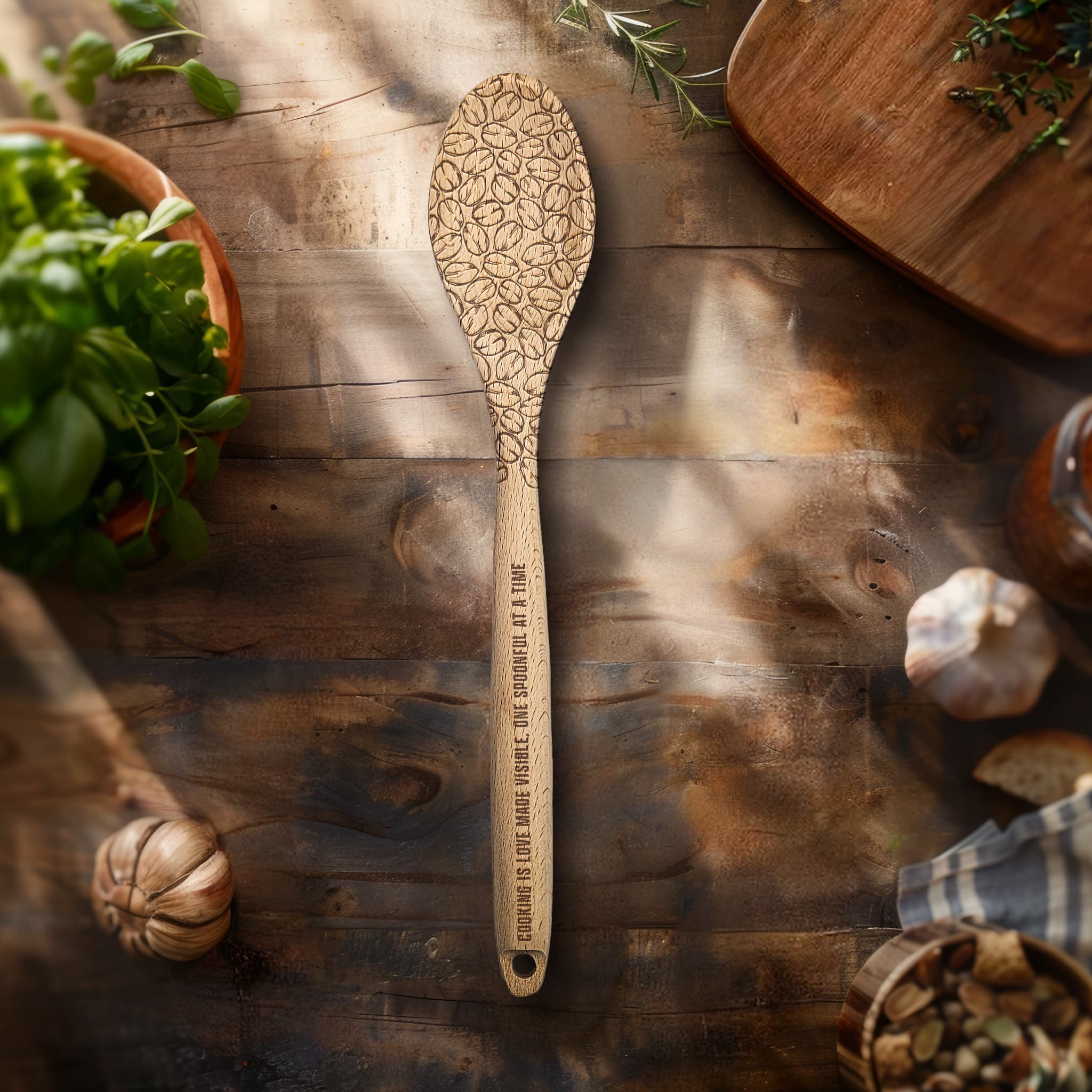 Personalized Kitchen Wooden Spoon | Engraved with coffee Beans