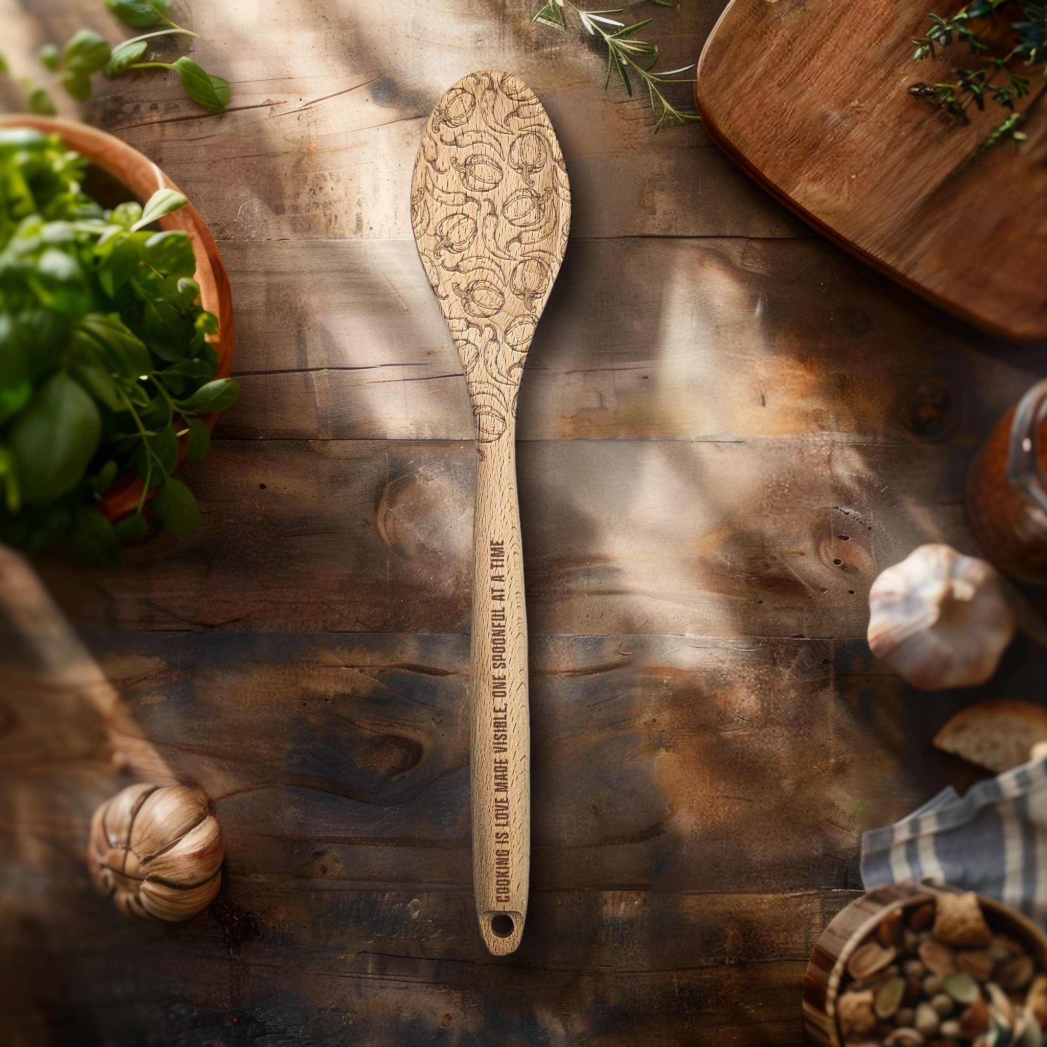 Personalized Kitchen Wooden Spoon | Engraved with Paprika and chilies