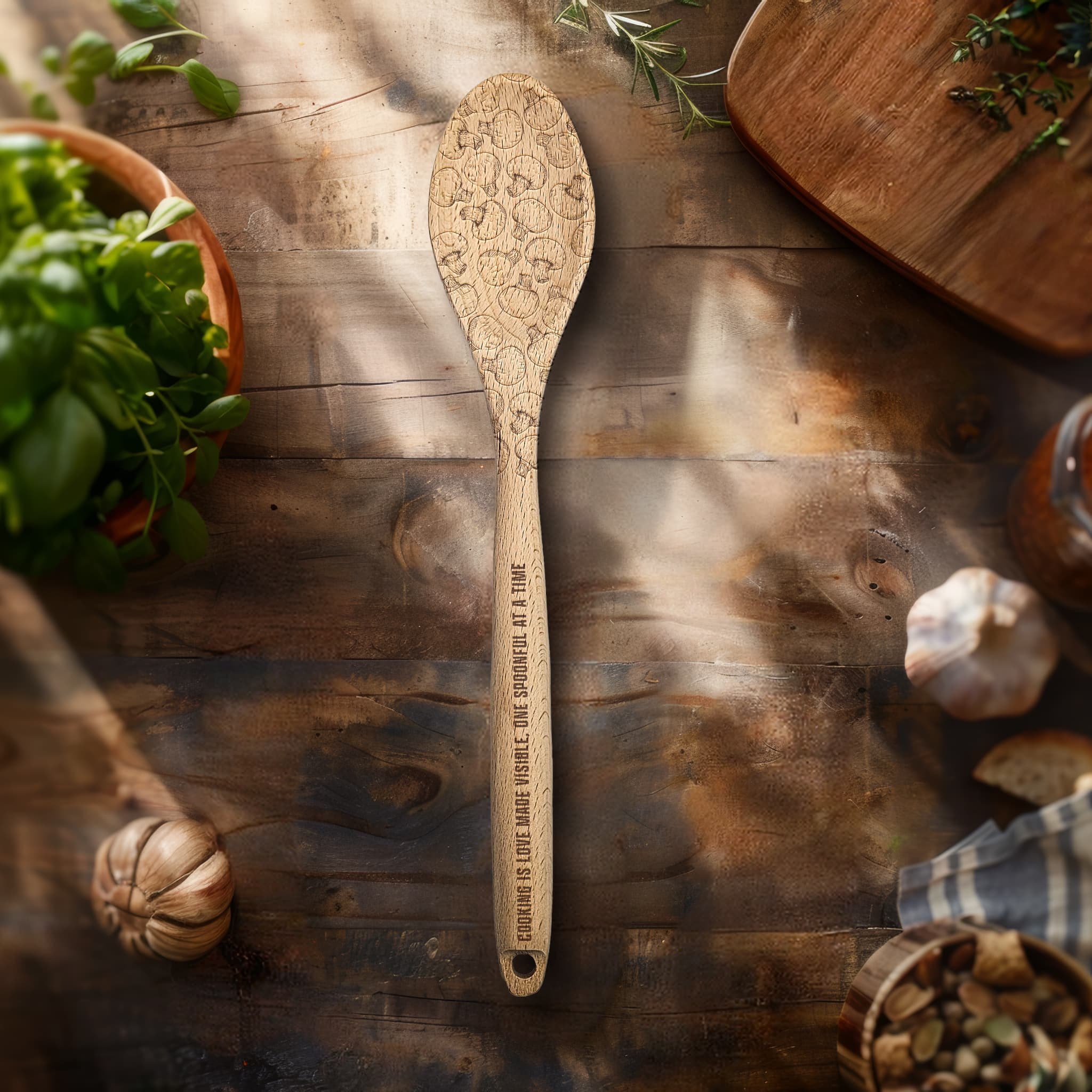 Personalized Kitchen Wooden Spoon, Etched with Mushroom pattern and the text of your choice