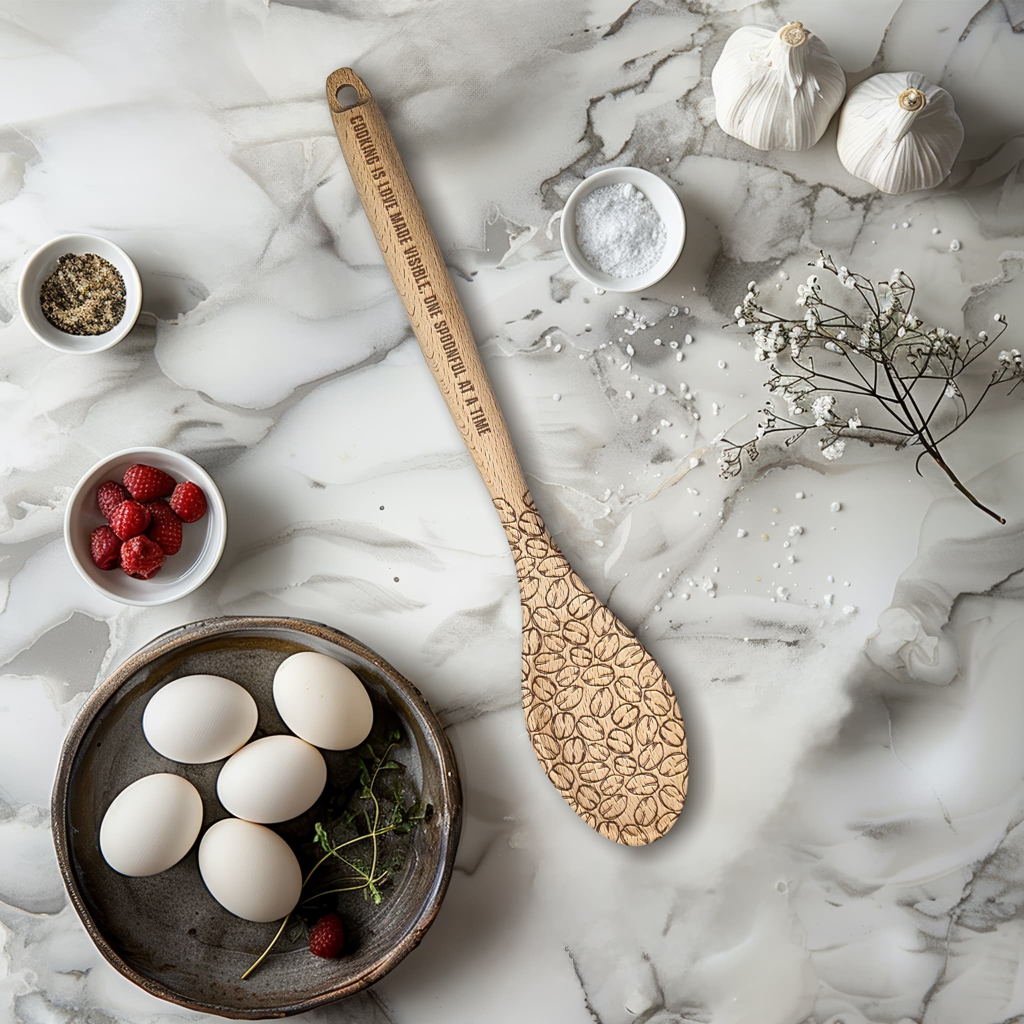 Personalized Kitchen Wooden Spoon | Engraved with coffee Beans