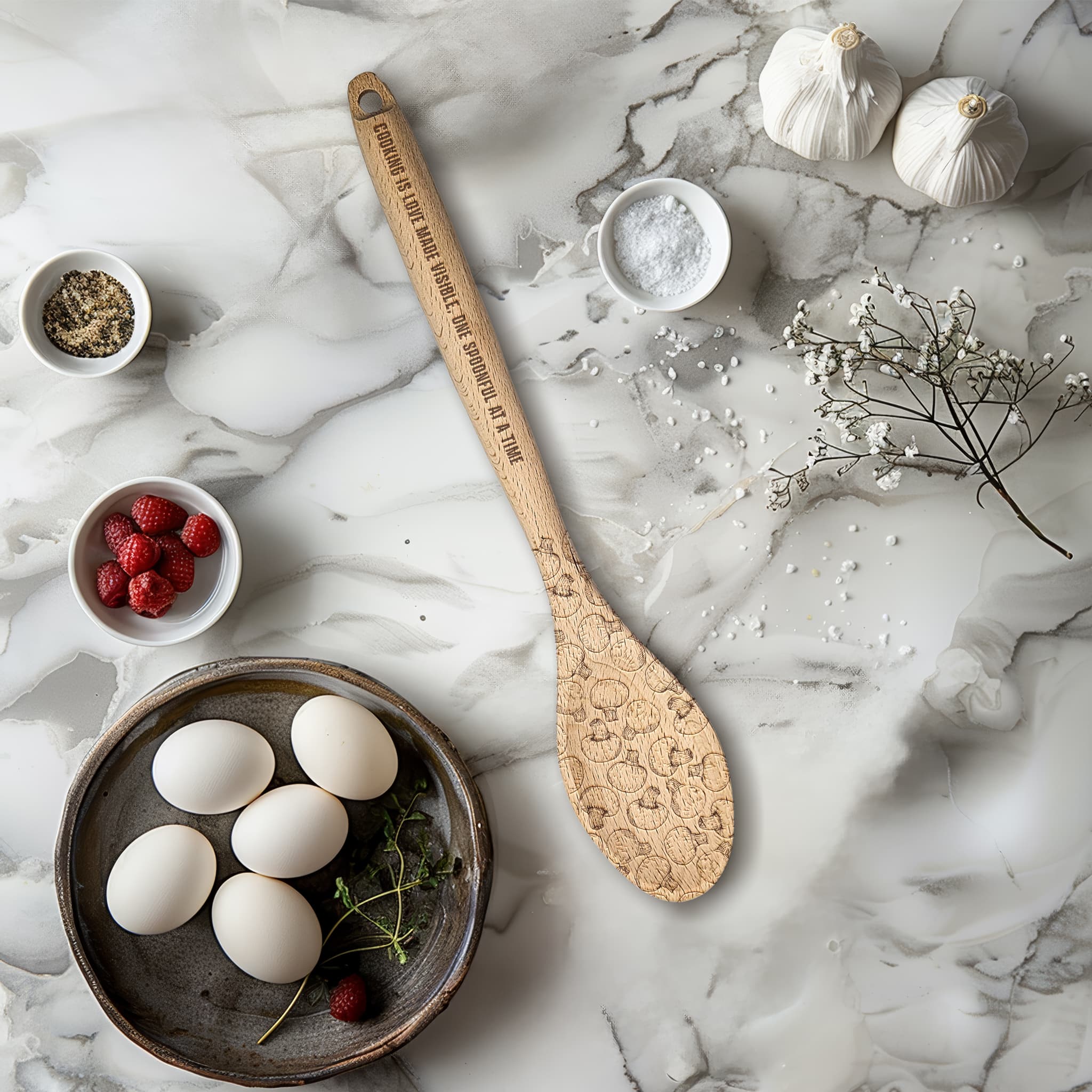 Personalized Kitchen Wooden Spoon, Etched with Mushroom pattern and the text of your choice