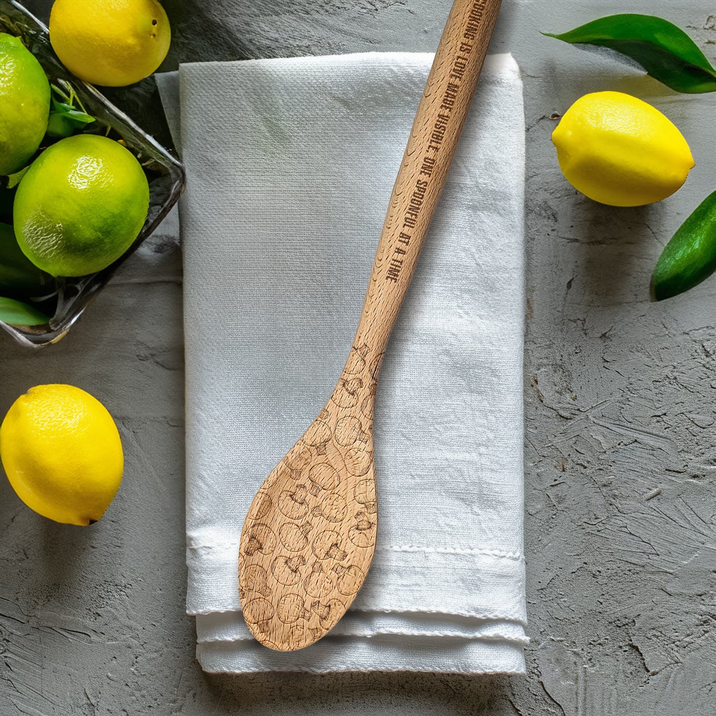 Personalized Kitchen Wooden Spoon, Etched with Mushroom pattern and the text of your choice