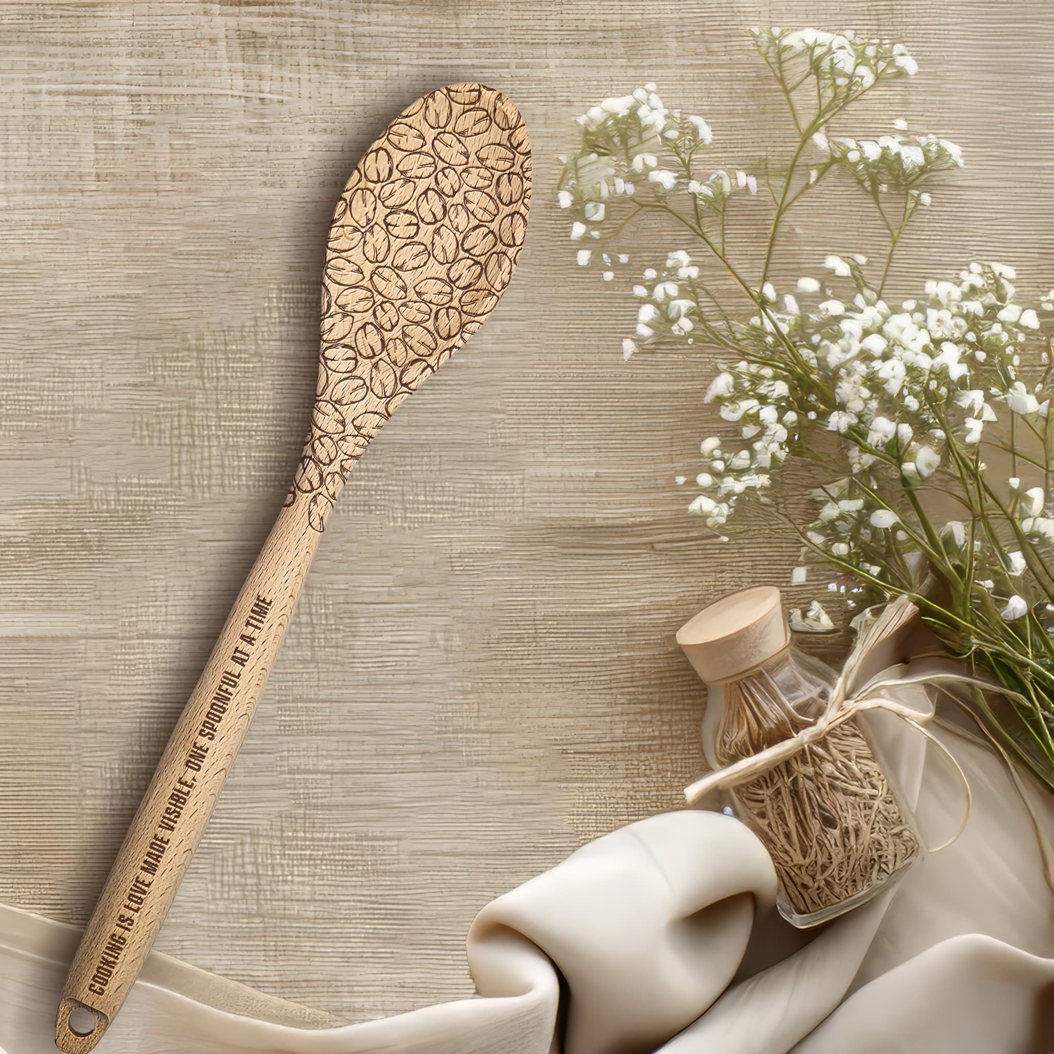 Personalized Kitchen Wooden Spoon | Engraved with coffee Beans