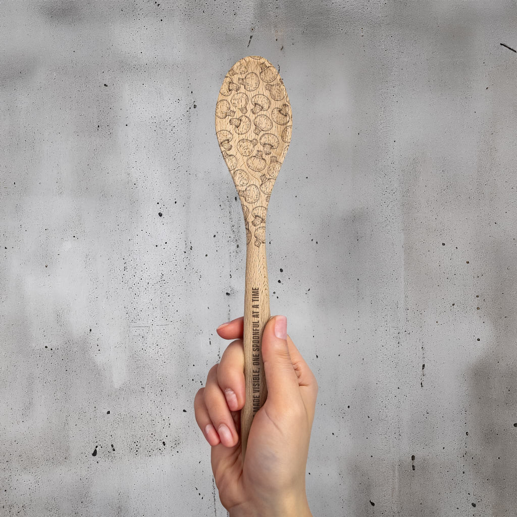 Personalized Kitchen Wooden Spoon, Etched with Mushroom pattern and the text of your choice