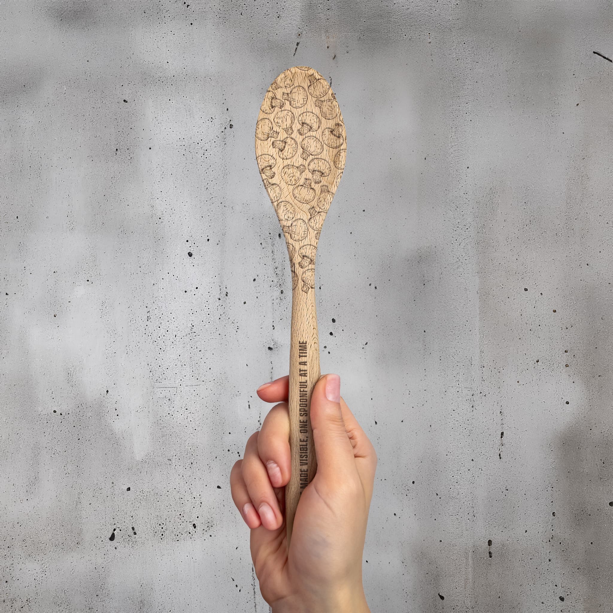 Personalized Kitchen Wooden Spoon, Etched with Mushroom pattern and the text of your choice