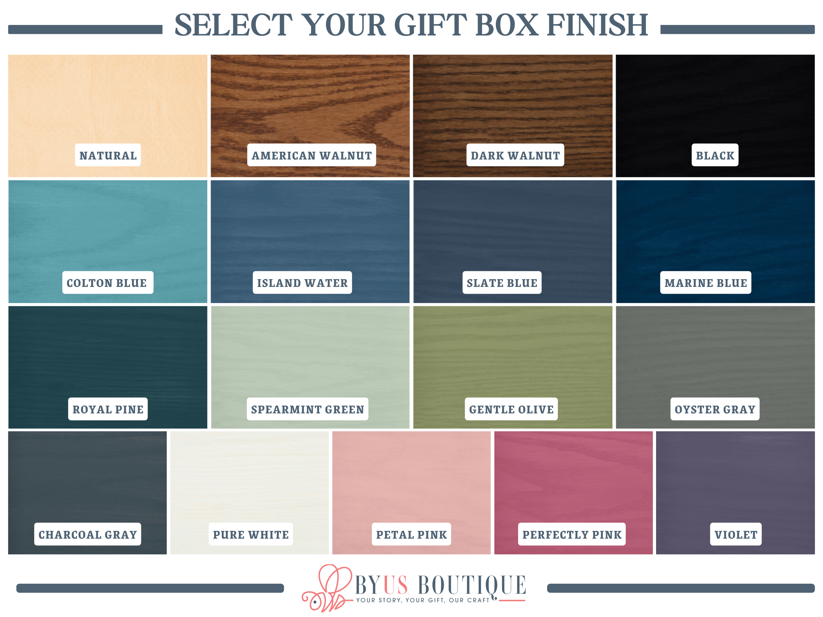 Color swatches for gift box finishes with Byles Boutique branding.