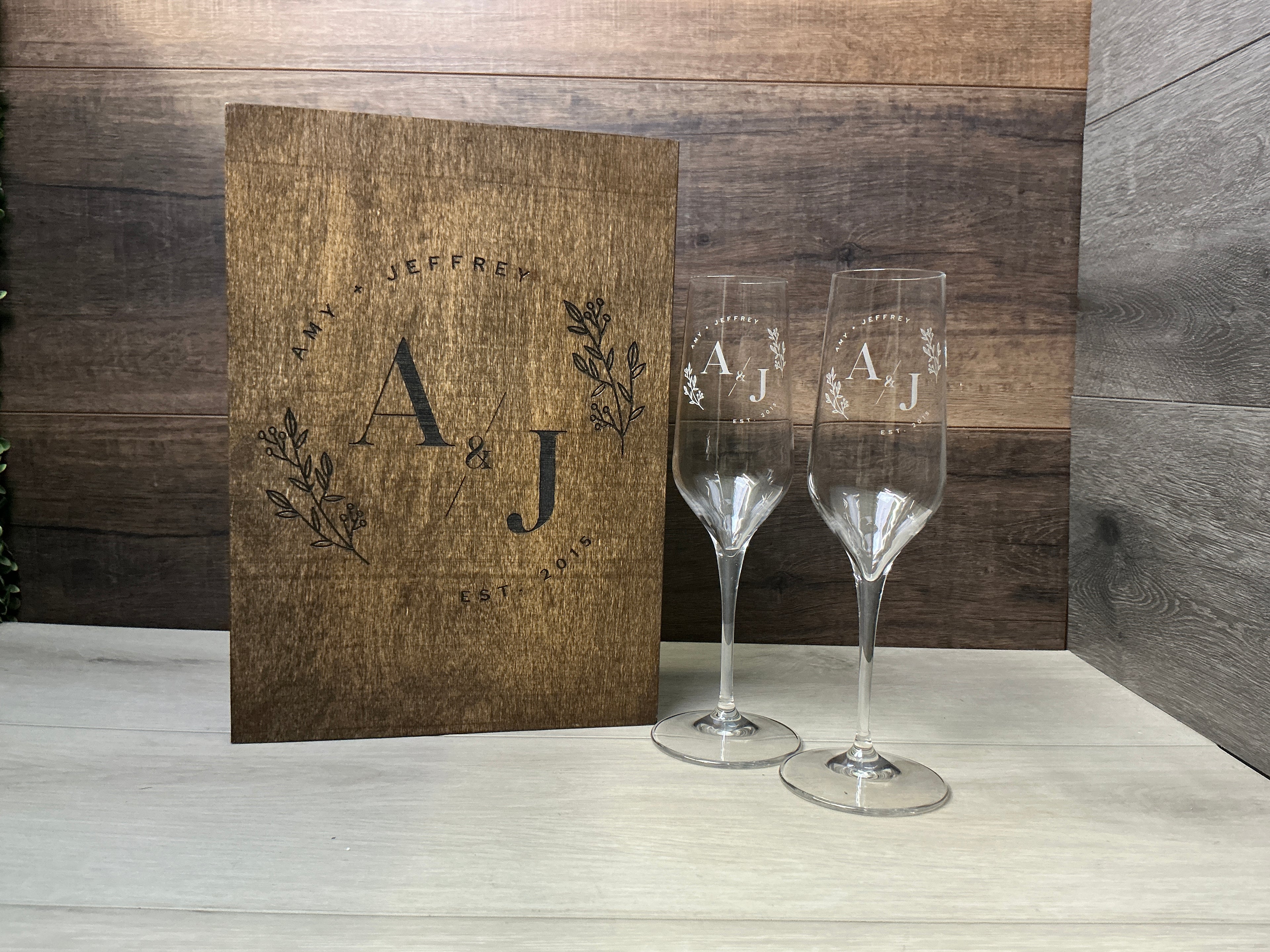 Engraved Champagne Flutes Glasses with a custom Wooden Gift Box