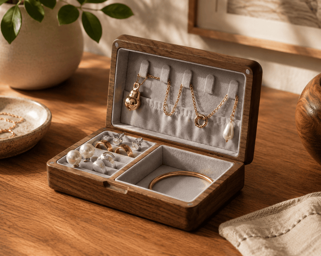 Wooden jewelry box with jewelry on a wooden surface