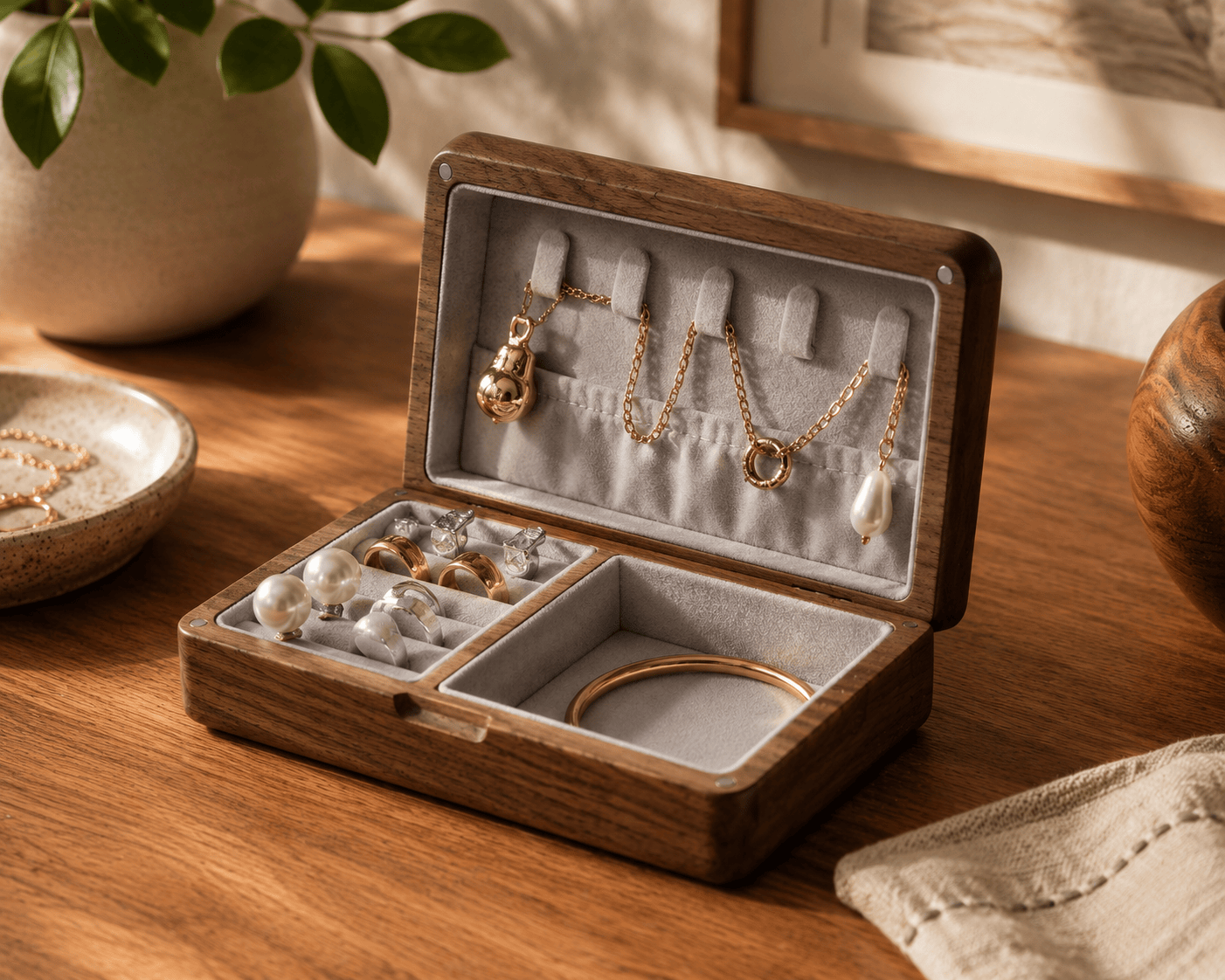 Wooden jewelry box with jewelry on a wooden surface