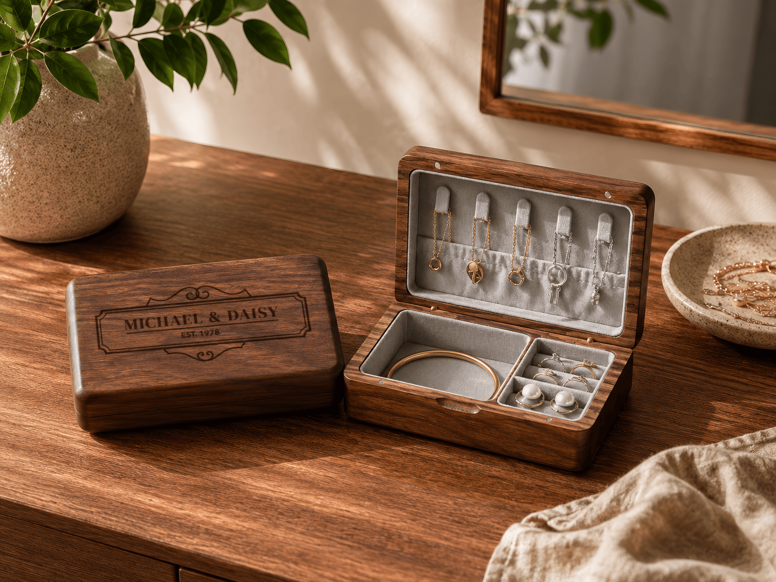A personalized wooden jewelry box shown open and closed on a warm wood table. The closed lid is engraved.