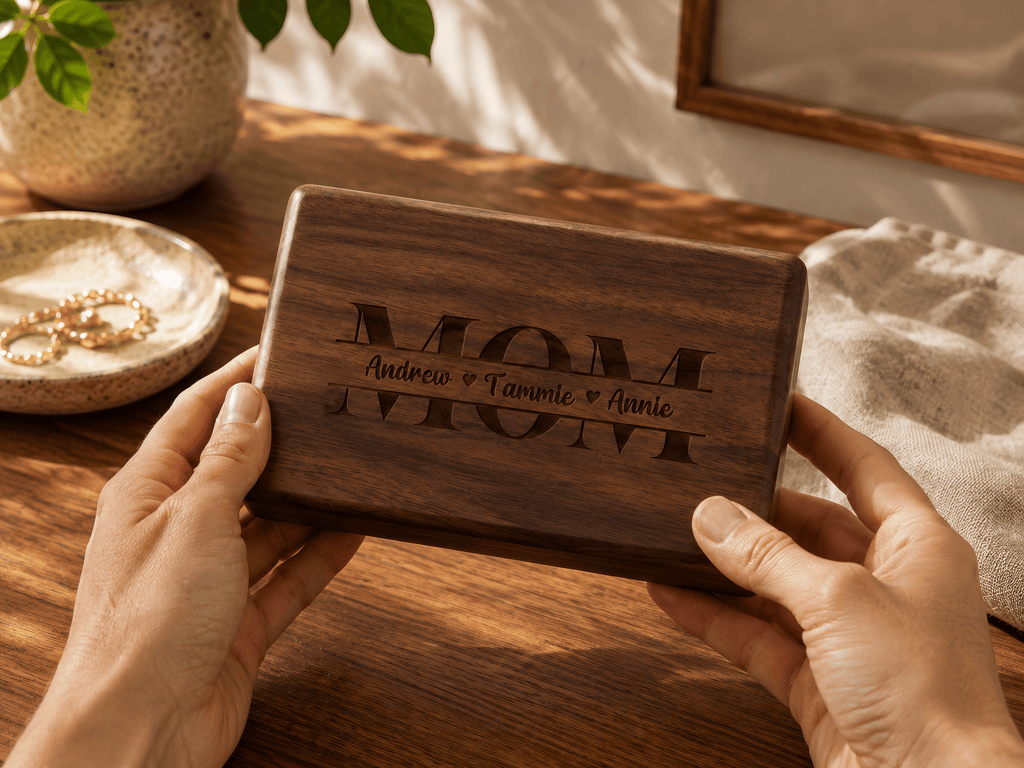 A wooden keepsake box engraved held by two hands over a wooden table with warm natural light and soft-focus decorative props.
