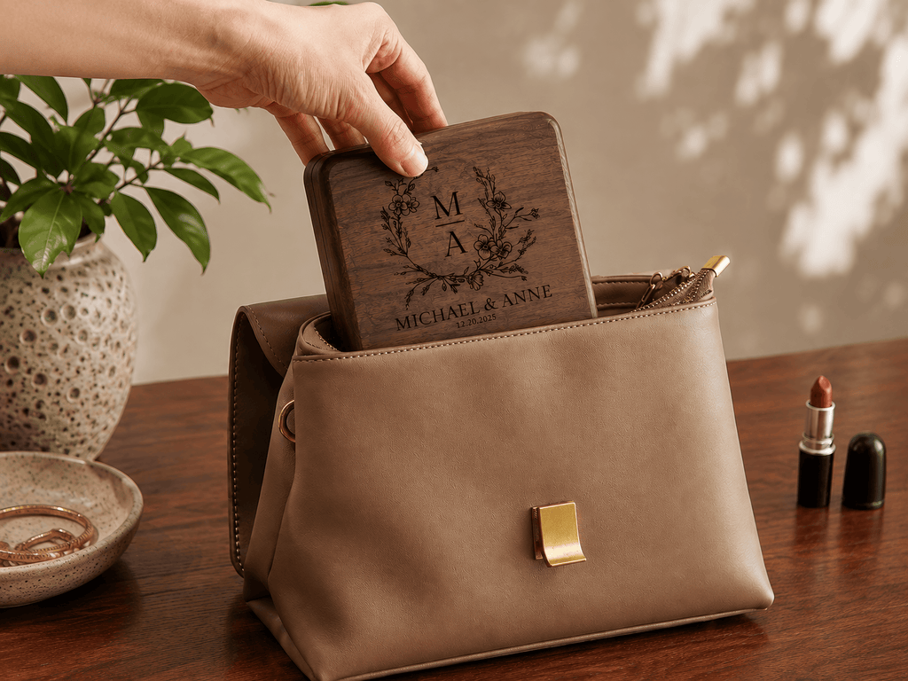 A taupe leather cosmetic pouch with a gold-tone front clasp is shown on a wooden table, with a hand inserting a personalized dark wood keepsake box into its zippered top. A potted plant and lipstick are visible in the background.