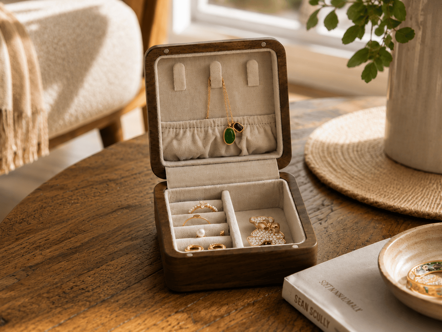 Open jewelry box with earrings and rings on a wooden table