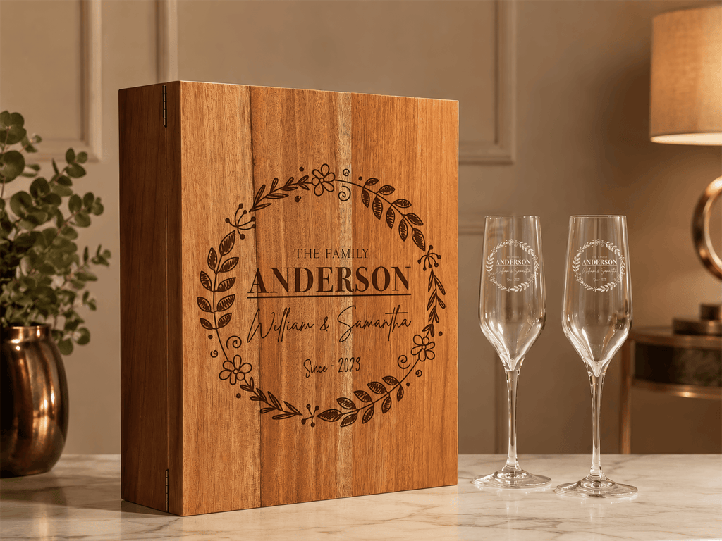 Personalized Champagne Flute Gift Set – Solid Wooden Box with glasses & Accessories