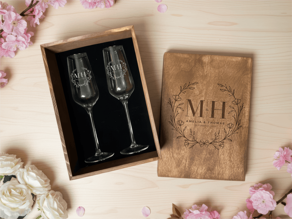Personalized Champagne Flutes in Wooden Box · Choose from 3 Glass Tiers · Optional Coasters