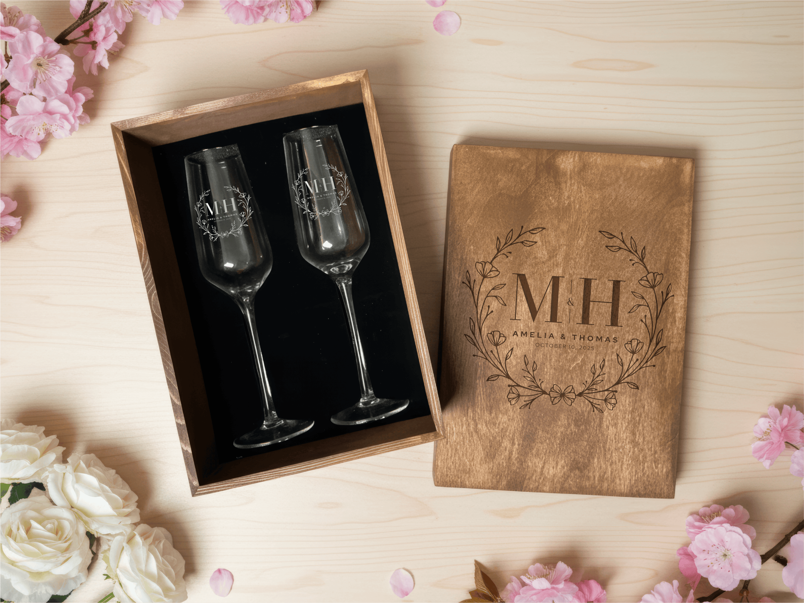 Personalized Champagne Flutes in Wooden Box · Choose from 3 Glass Tiers · Optional Coasters