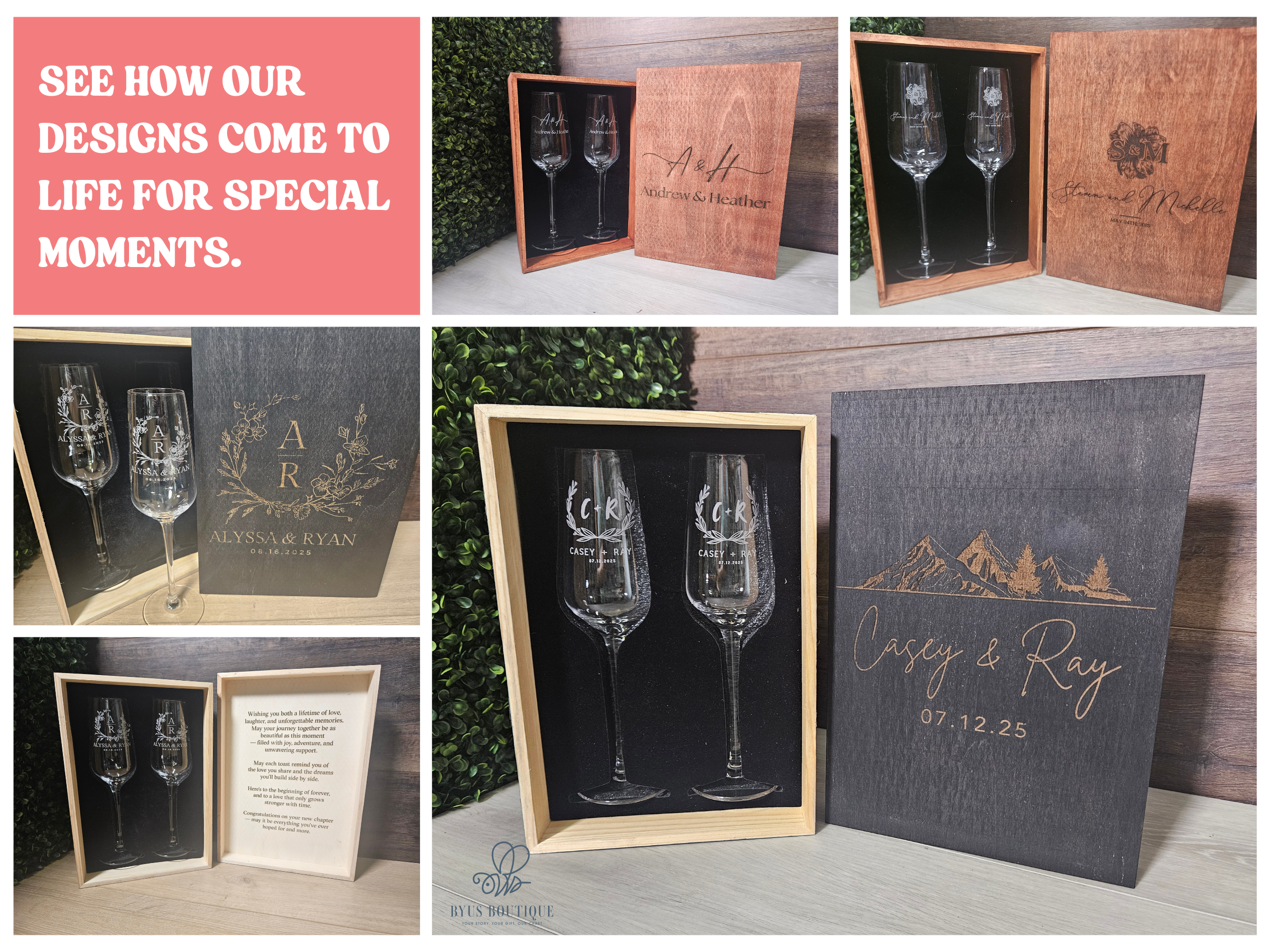 Custom Champagne Flute Set with Wooden Box – Custom Gift for anniversary, wedding or Birthday Keepsake (DC034)