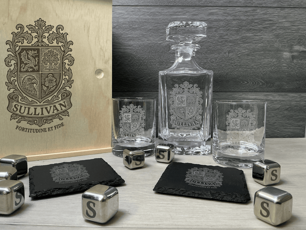 Create Your Own Custom Coat of Arms Whiskey Set – Design Your Own Heritage Crest Engraved Gift Box