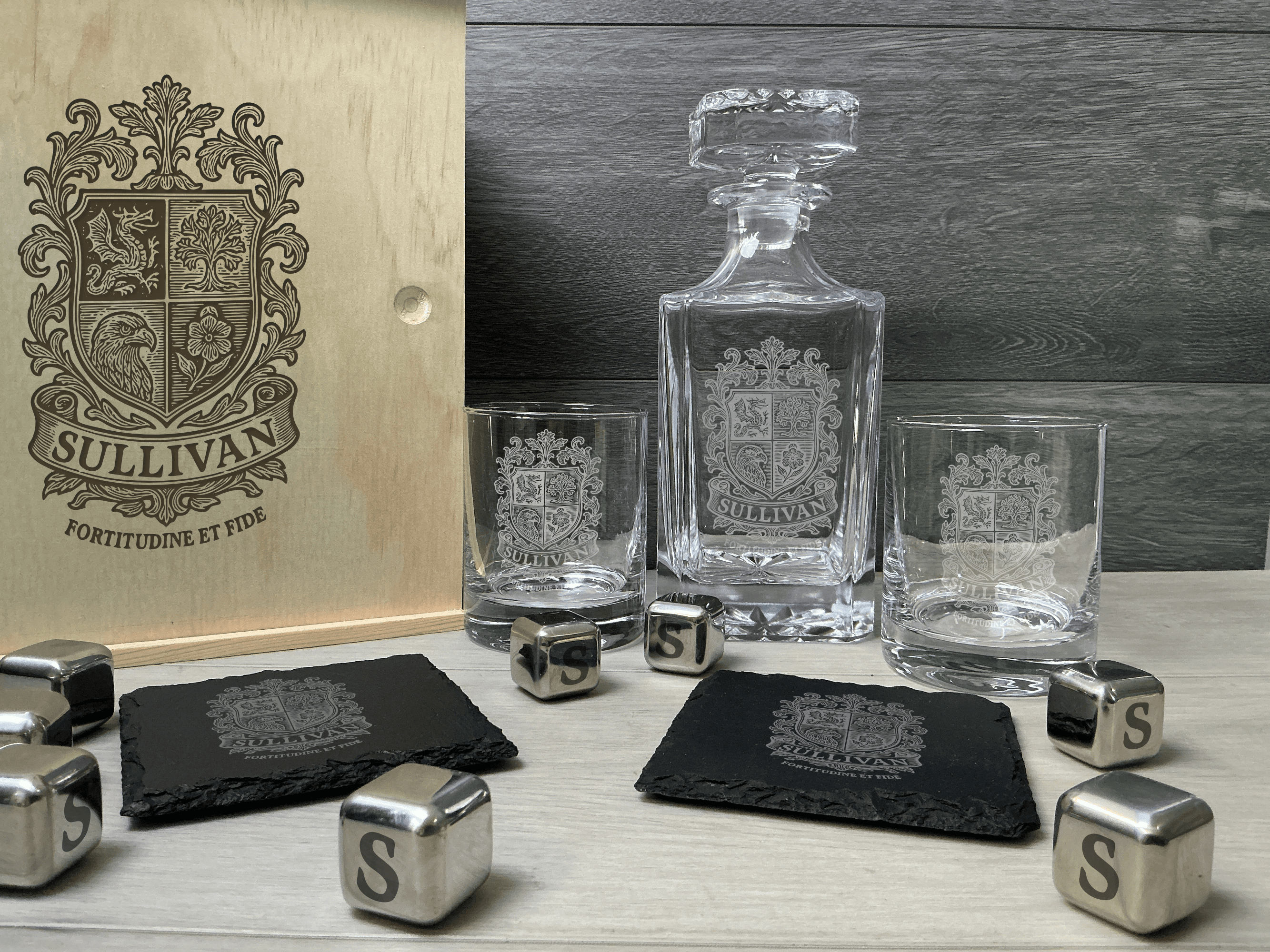 Create Your Own Custom Coat of Arms Whiskey Set – Design Your Own Heritage Crest Engraved Gift Box