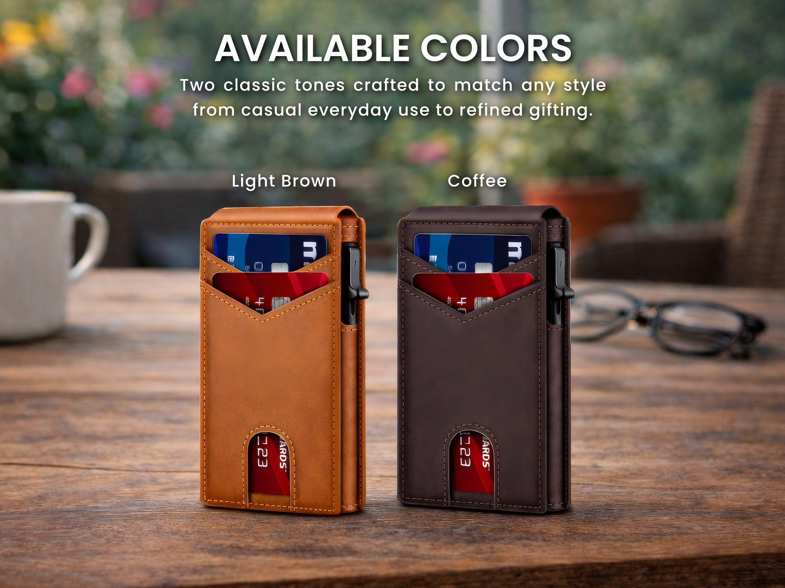Two leather card holders, one light brown and one coffee, on a wooden surface with 'Available Colors' text.